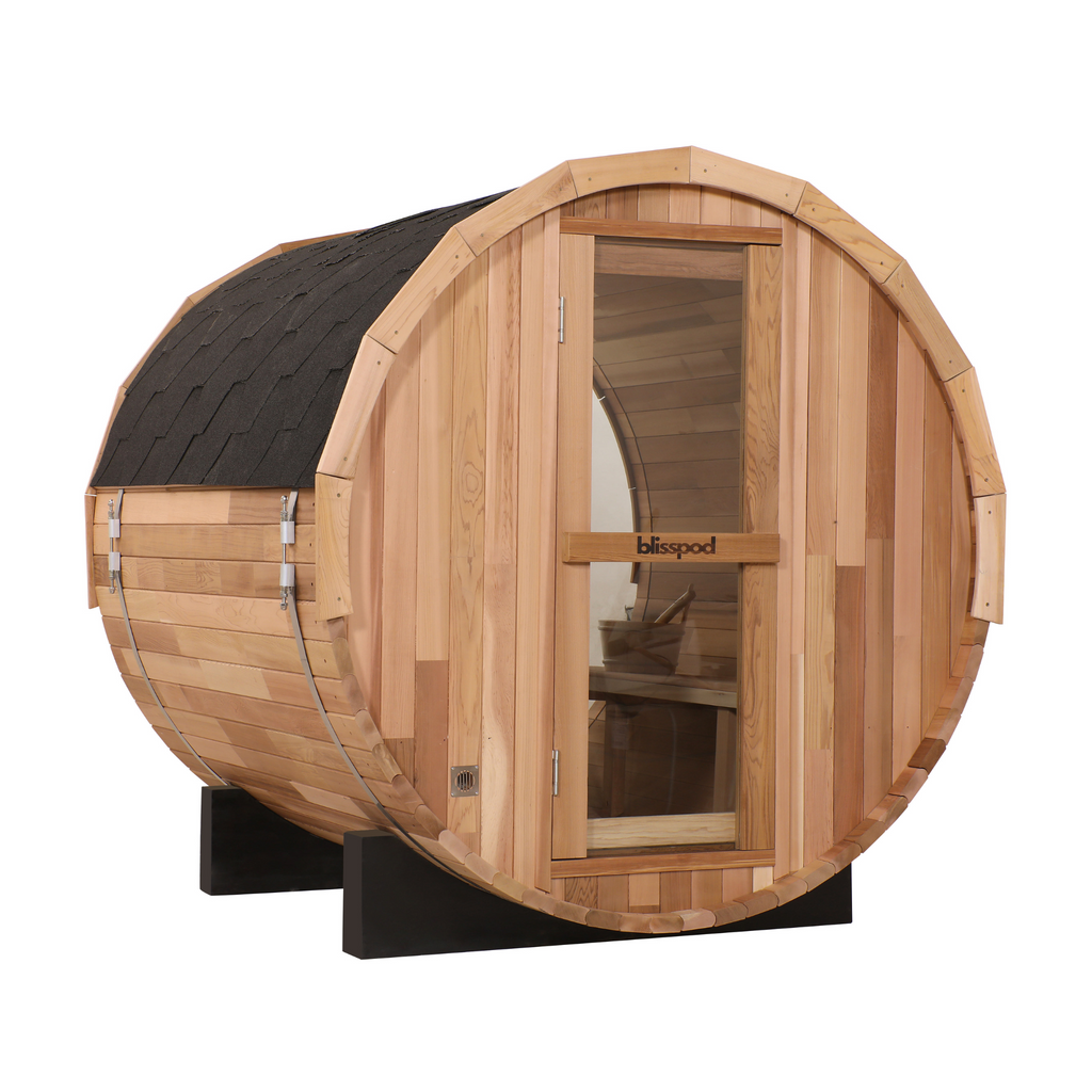 Blisspod Prague 4-6 Person Outdoor Barrel Steam Sauna — Canadian Red Cedar with Full Glass Back
