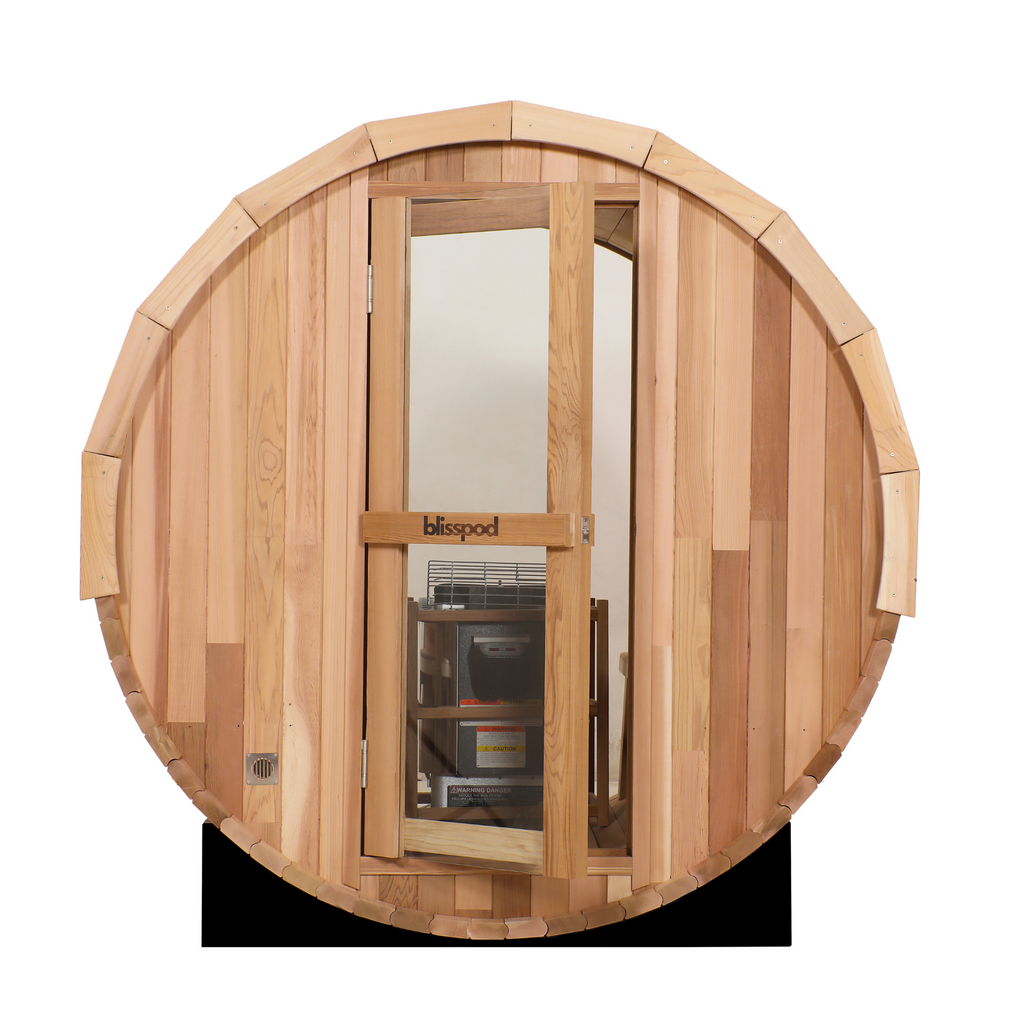 Blisspod Prague 4-6 Person Outdoor Barrel Steam Sauna — Canadian Red Cedar with Full Glass Back