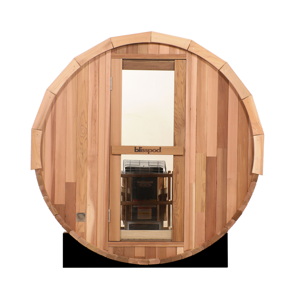 Blisspod Prague 4-6 Person Outdoor Barrel Steam Sauna — Canadian Red Cedar with Full Glass Back