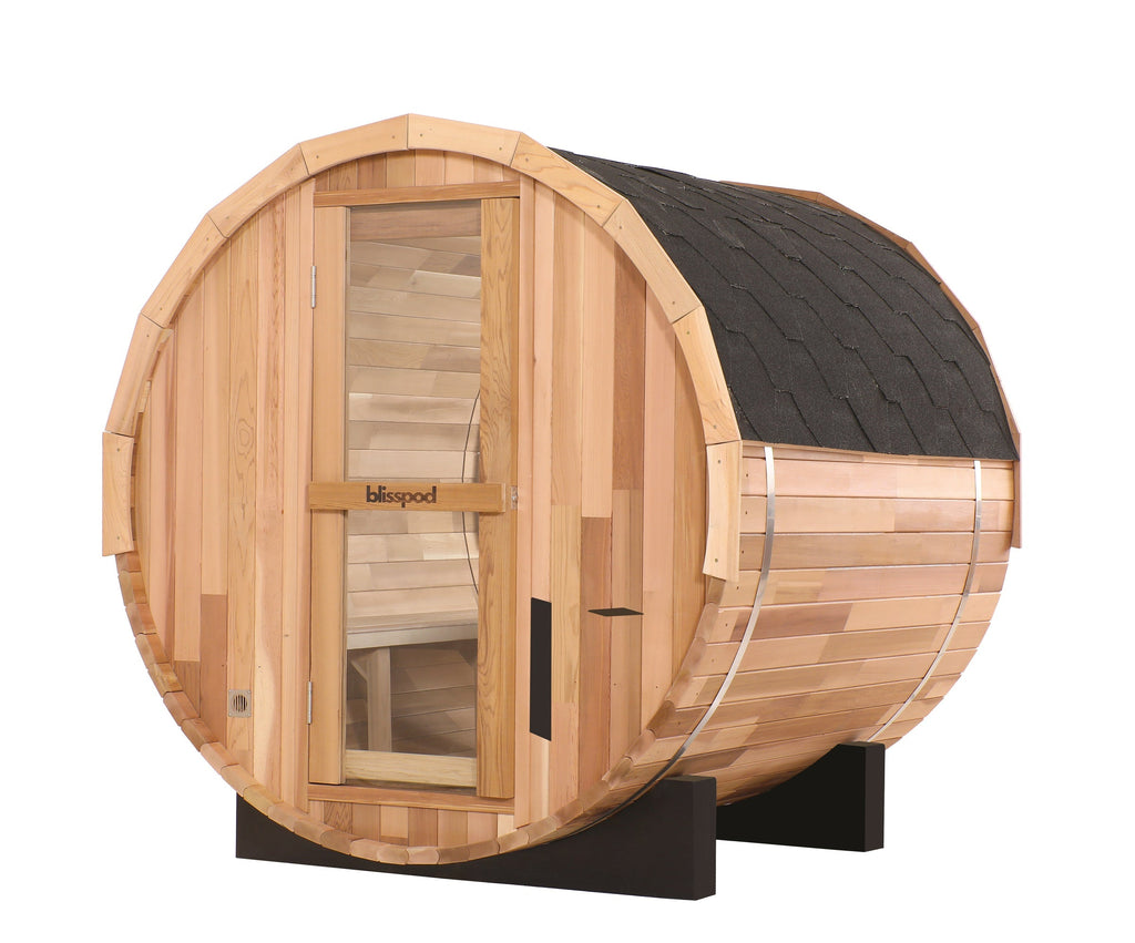 Blisspod Prague 4-6 Person Outdoor Barrel Steam Sauna — Canadian Red Cedar with Full Glass Back
