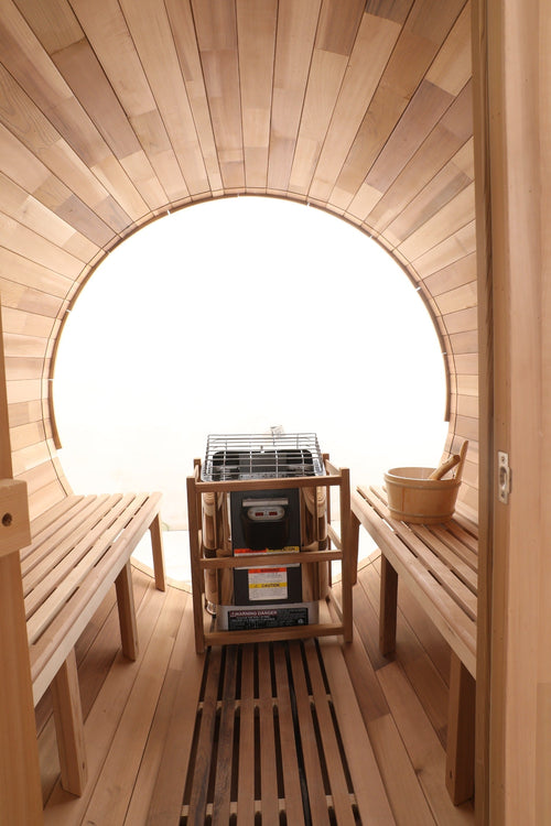 Blisspod Prague 4-6 Person Outdoor Barrel Steam Sauna — Canadian Red Cedar with Full Glass Back